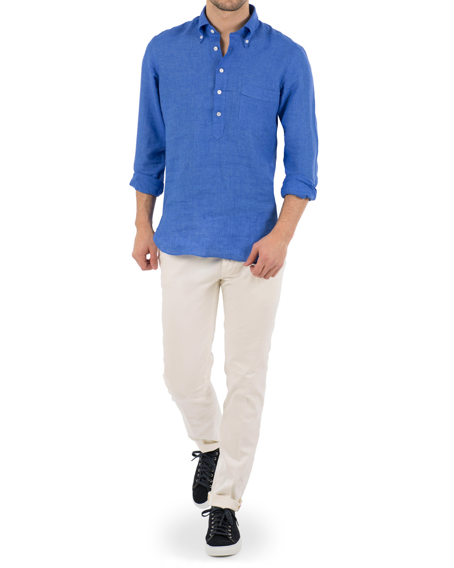 Herre | Skjorter | Drake's | Regular Fit Linen Popover Shirt Blue