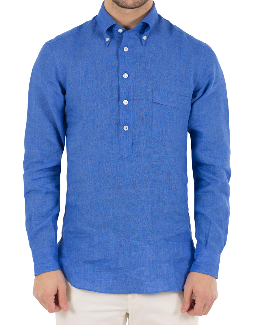Herre | Skjorter | Drake's | Regular Fit Linen Popover Shirt Blue
