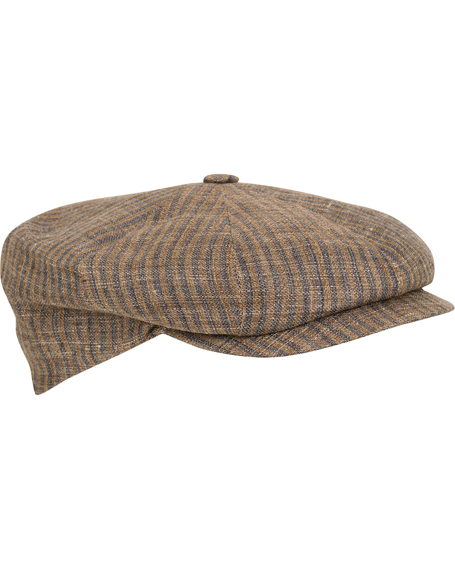 Herre | Borsalino Striped Linen Flat Cap Light Brown/Navy | Borsalino | Striped Linen Flat Cap Light Brown/Navy