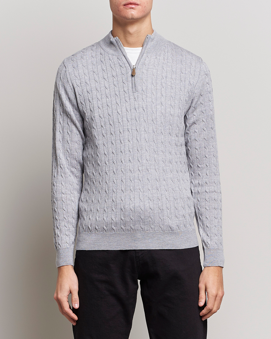 Herre | Trøjer | Stenströms | Merino Wool Cable Half Zip Light Grey
