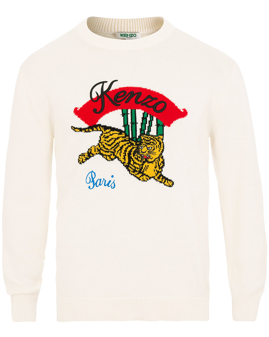 Herre | Trøjer | KENZO | Jumping Bamboo Tiger Knitted Crew Neck White