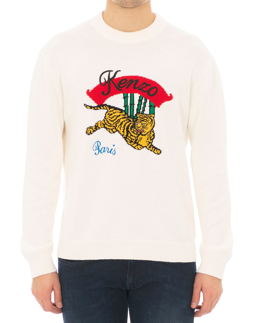 Herre | Trøjer | KENZO | Jumping Bamboo Tiger Knitted Crew Neck White