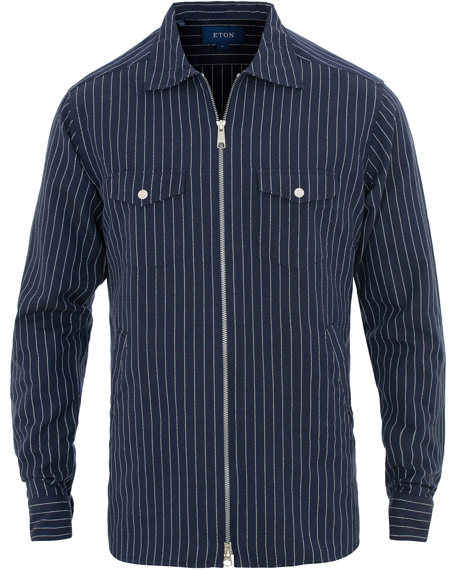 Herre | Skjorter | Eton | Slim Fit Twill Pinstripe Zip Over Shirt Blue