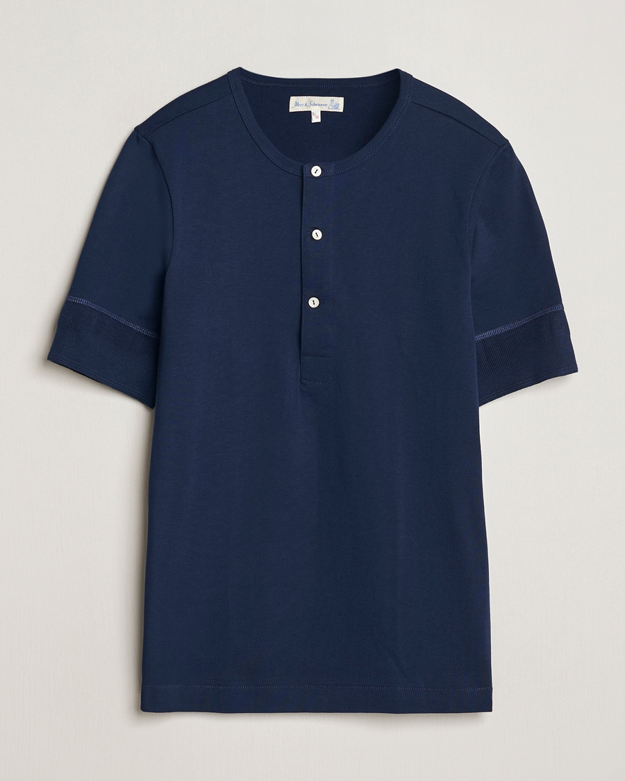 Herre |  | Merz b. Schwanen | Short Sleeve Organic Cotton Henley Ink Blue