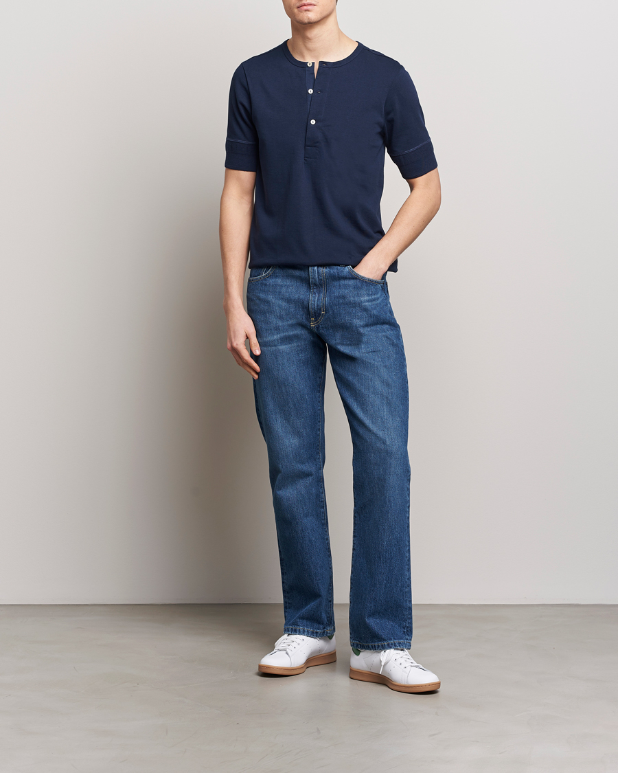 Herre | Trøjer | Merz b. Schwanen | Short Sleeve Organic Cotton Henley Ink Blue