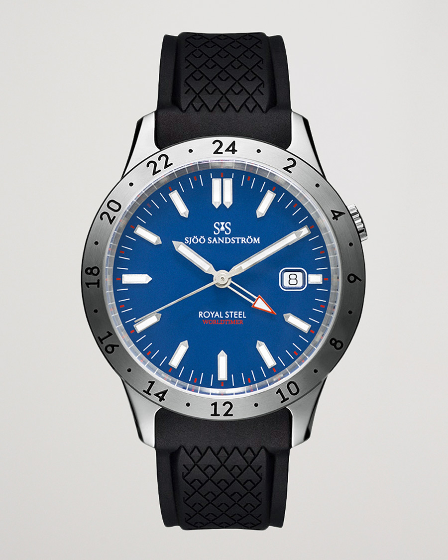 Herre | Sjöö Sandström Royal Steel Worldtimer 41mm Blue with Rubber | Sjöö Sandström | Royal Steel Worldtimer 41mm Blue with Rubber
