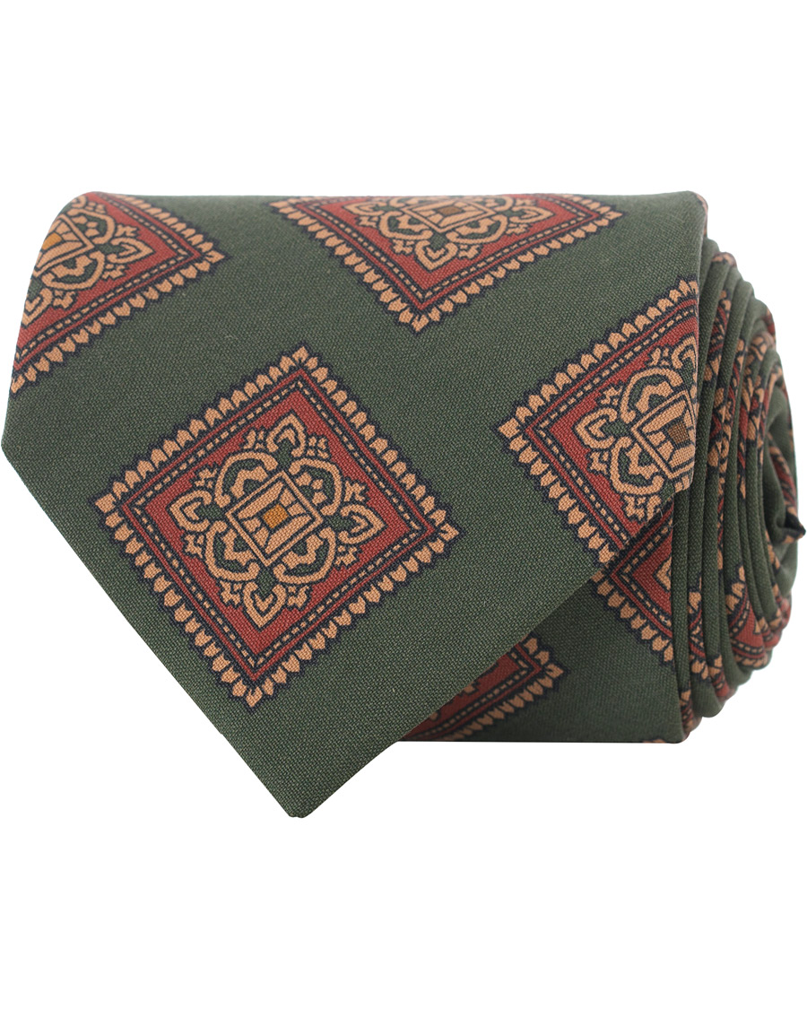 Herre | Drake's Washed Silk Printed Large Square Tie 8 cm Green | Drake's | Washed Silk Printed Large Square Tie 8 cm Green