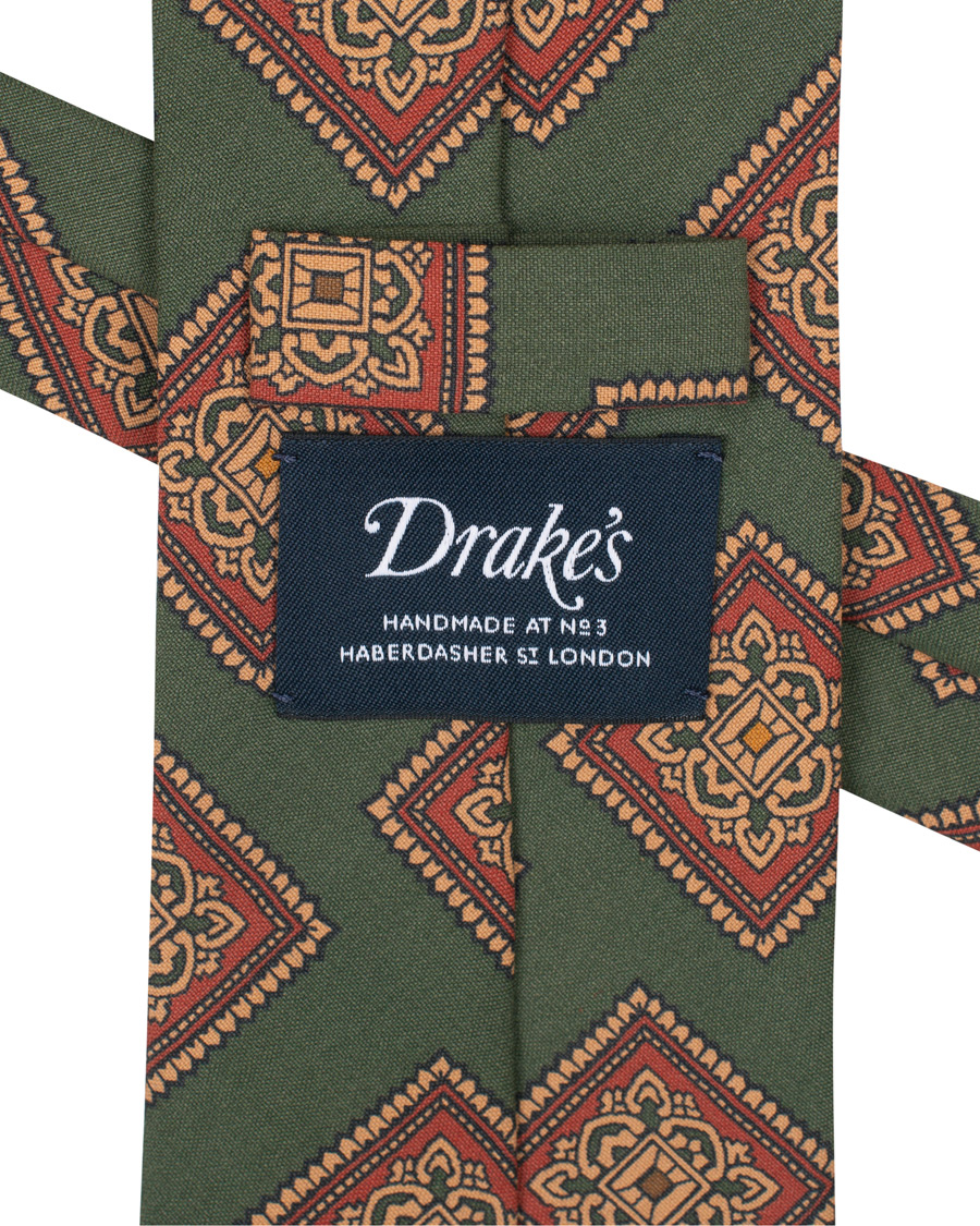 Herre | Drake's Washed Silk Printed Large Square Tie 8 cm Green | Drake's | Washed Silk Printed Large Square Tie 8 cm Green