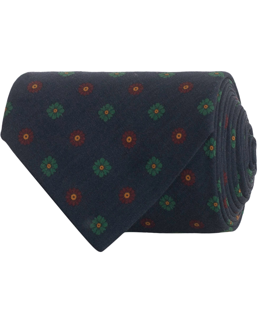 Herre | Drake's Washed Silk Printed Flower Tie 8 cm Navy | Drake's | Washed Silk Printed Flower Tie 8 cm Navy