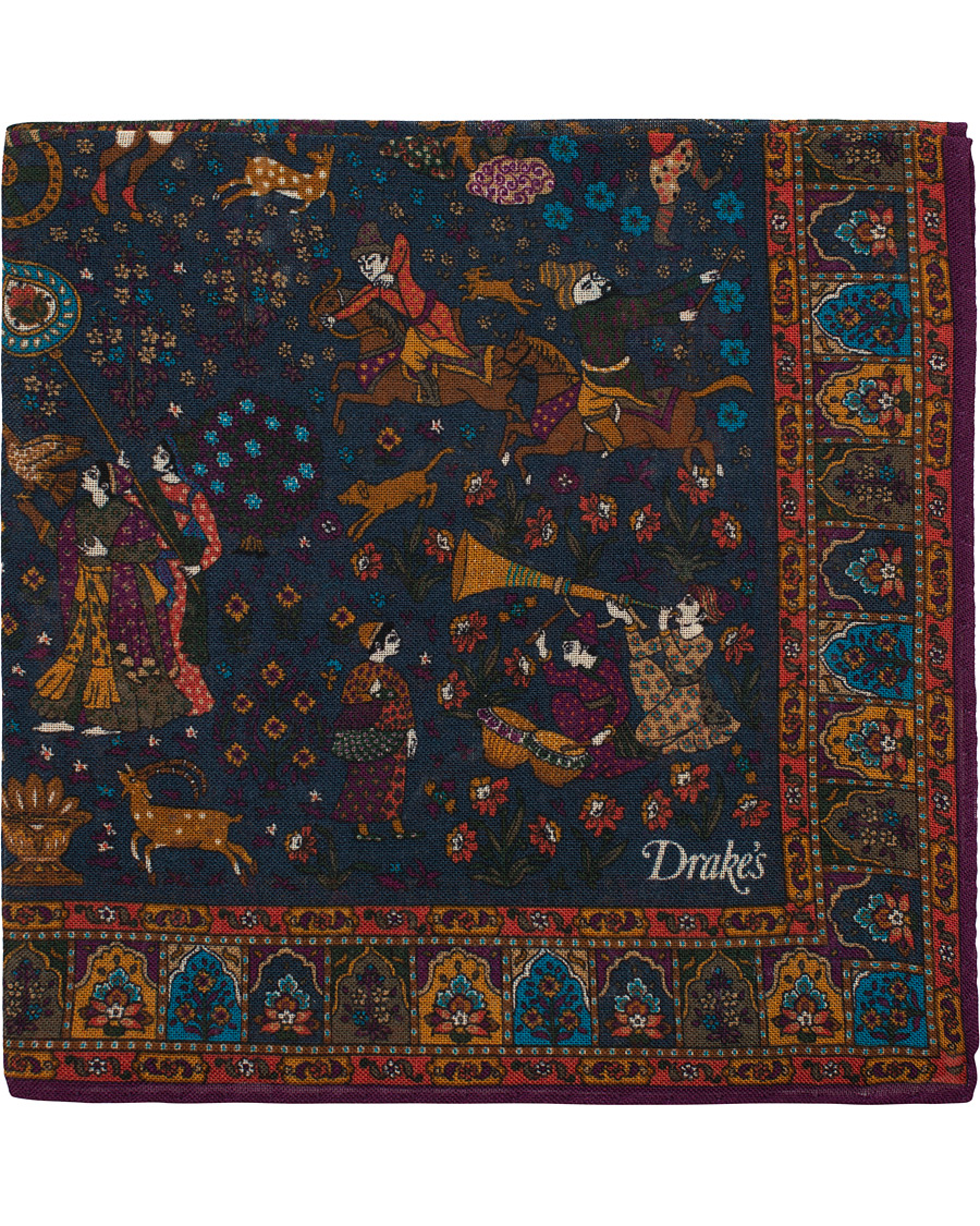 Herre | Drake's Wool/Silk Printed Hunter Pocket Square Blue | Drake's | Wool/Silk Printed Hunter Pocket Square Blue