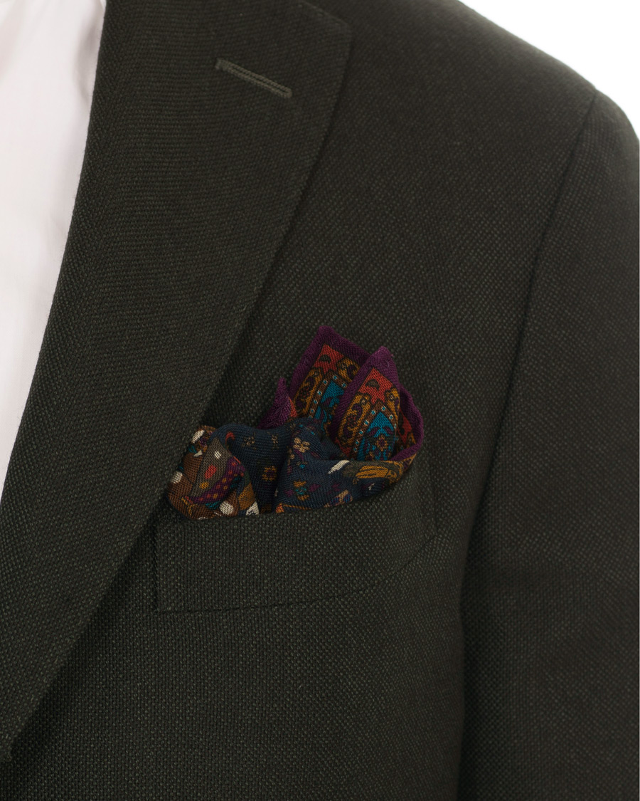 Herre | Drake's Wool/Silk Printed Hunter Pocket Square Blue | Drake's | Wool/Silk Printed Hunter Pocket Square Blue