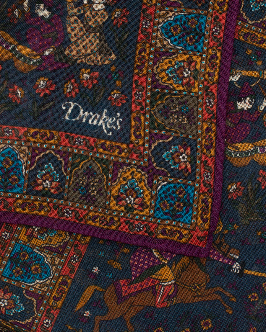 Herre | Drake's Wool/Silk Printed Hunter Pocket Square Blue | Drake's | Wool/Silk Printed Hunter Pocket Square Blue