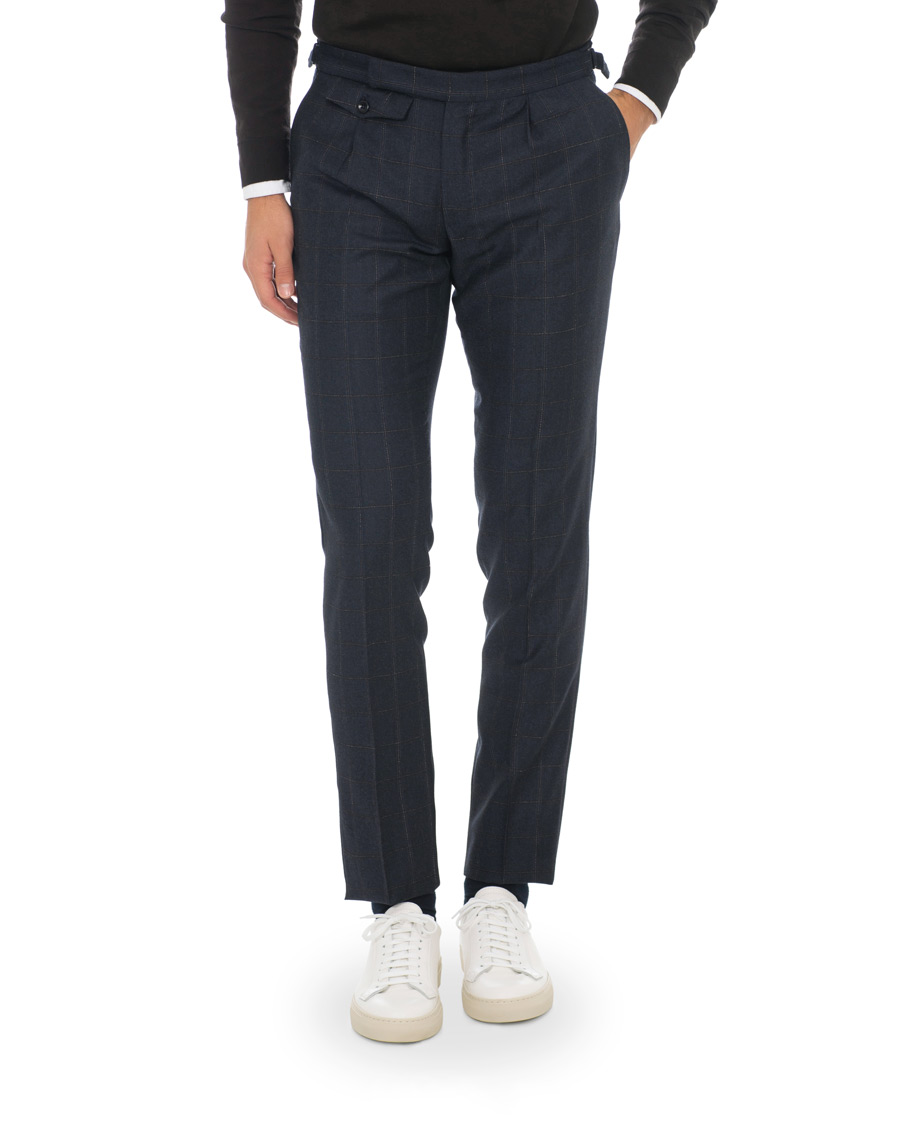 Herre | Bukser | Incotex | Slim Fit Side-adjuster Windowpane Flannel Trousers Navy