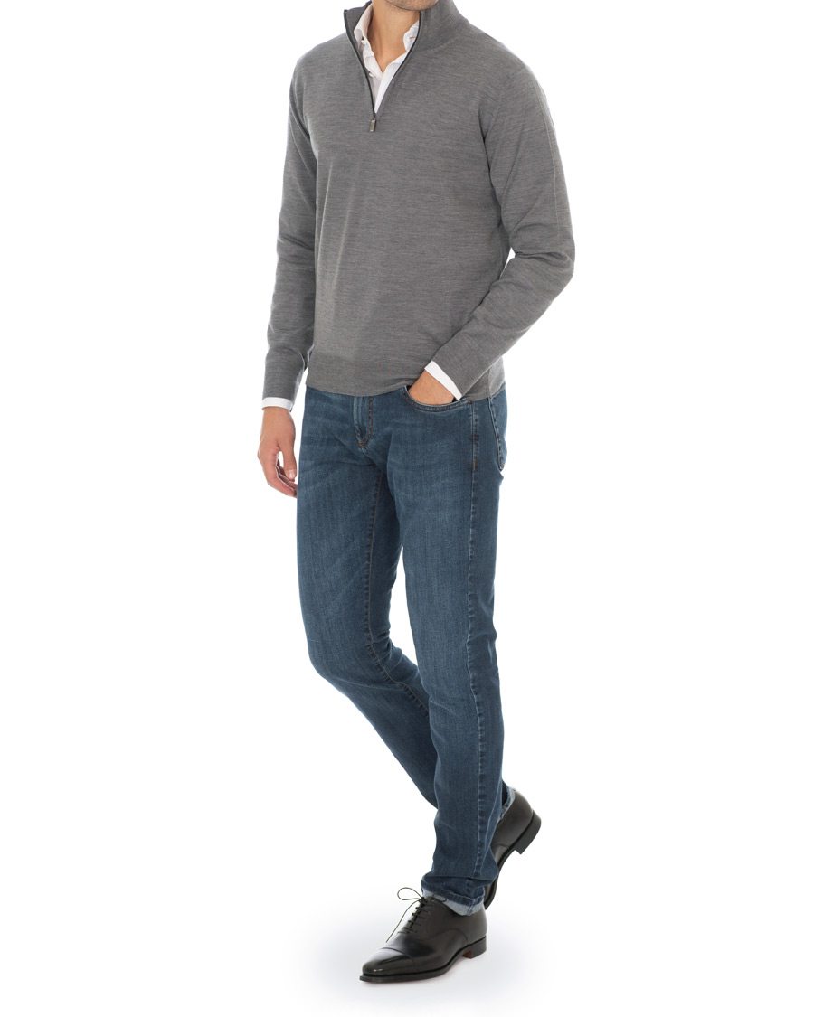 Herre | Trøjer | Canali | Merino Wool Half Zip Sweater Grey Melange