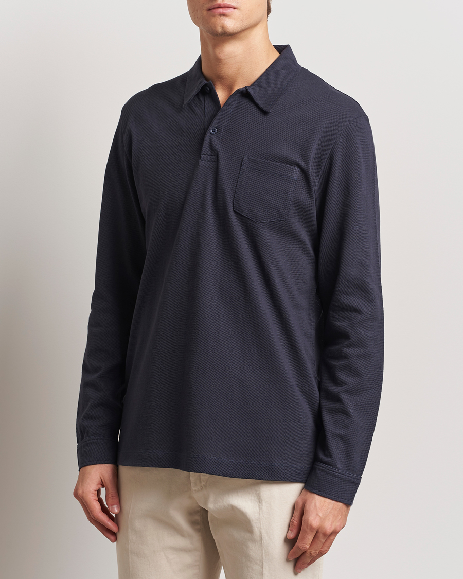 Herre | Tøj | Sunspel | Riviera Long Sleve Polo Navy