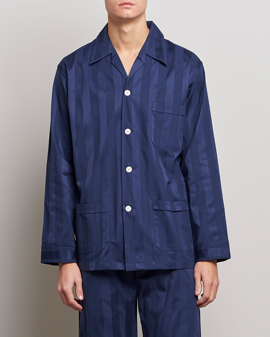 Herre | Best of British | Derek Rose | Striped Cotton Satin Pyjama Set Navy