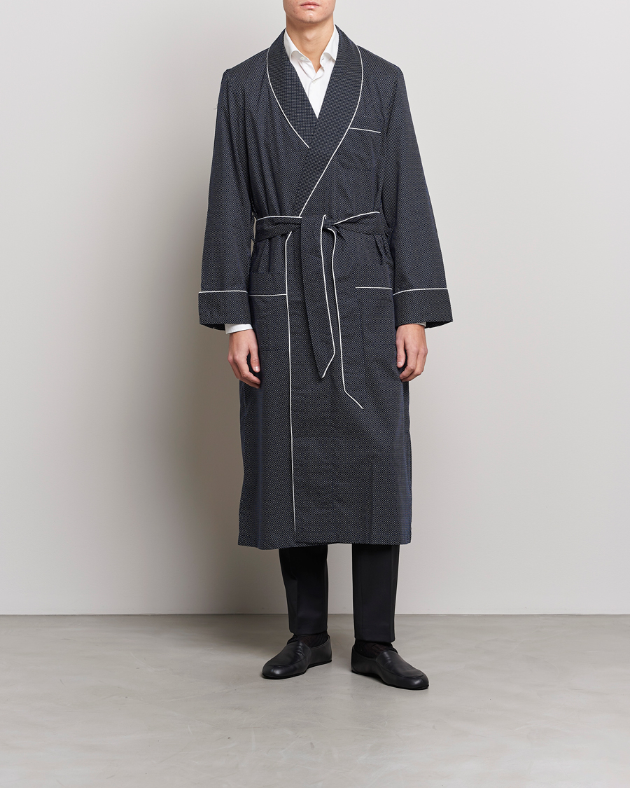 Herre | Pyjamas & Morgenkåber | Derek Rose | Polka Dot Cotton Satin Dressing Gown Navy