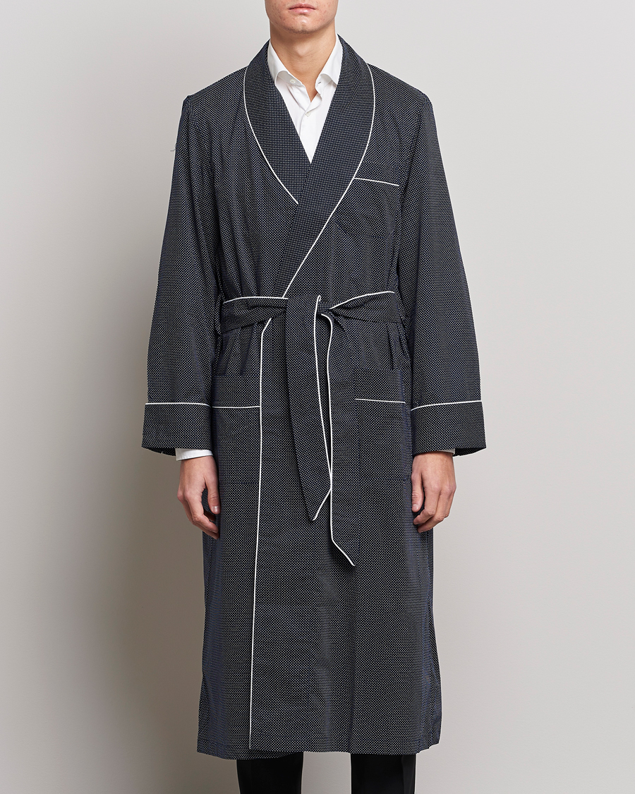 Herre | Derek Rose | Derek Rose | Polka Dot Cotton Satin Dressing Gown Navy