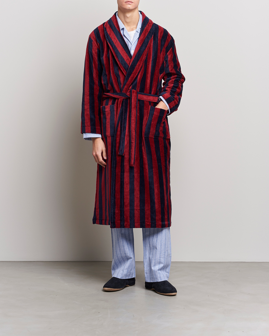 Herre |  | Derek Rose | Cotton Velour Striped Gown Red/Blue