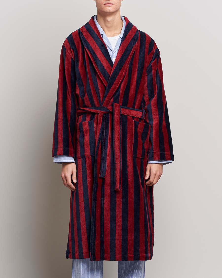 Herre | Morgenkåber | Derek Rose | Cotton Velour Striped Gown Red/Blue