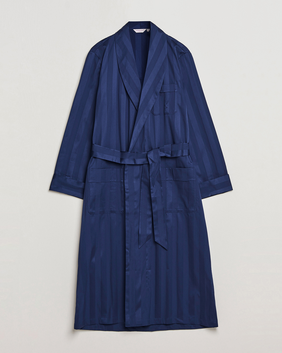 Herre | Pyjamas & Morgenkåber | Derek Rose | Striped Cotton Satin Dressing Gown Navy/Navy