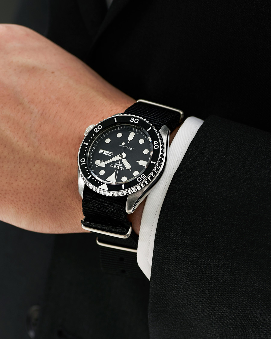 Seiko 5 Sports Mens 43mm 100m Automatic Black Dial Nato CareOfCarl