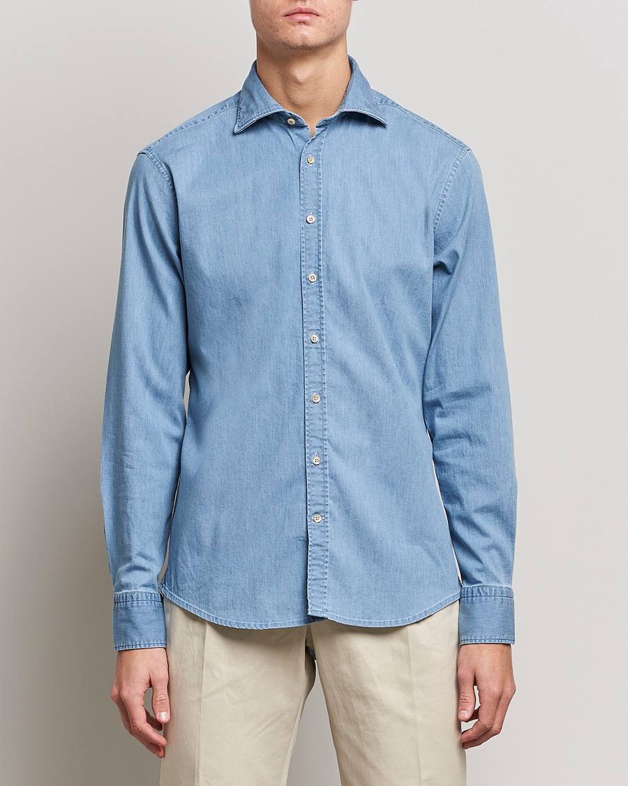 Herre | Business & Beyond | Stenströms | Fitted Body Garment Washed Shirt Light Denim