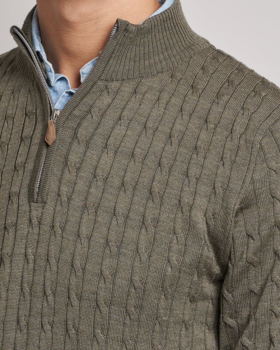 Herre | Trøjer | Stenströms | Merino Wool Cable Half Zip Olive
