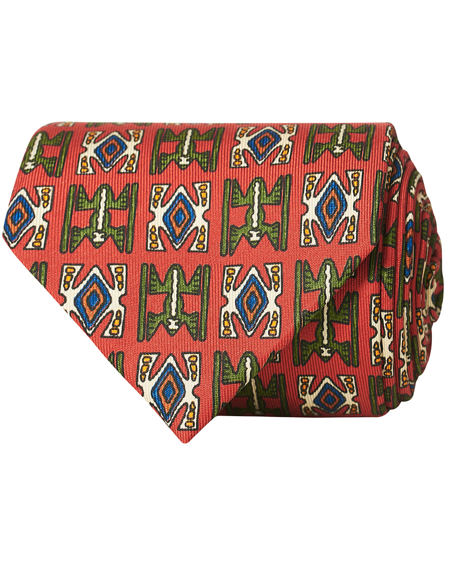 Herre | Drake's Silk Printed Native Pattern 8 cm Tie Dusty Red | Drake's | Silk Printed Native Pattern 8 cm Tie Dusty Red