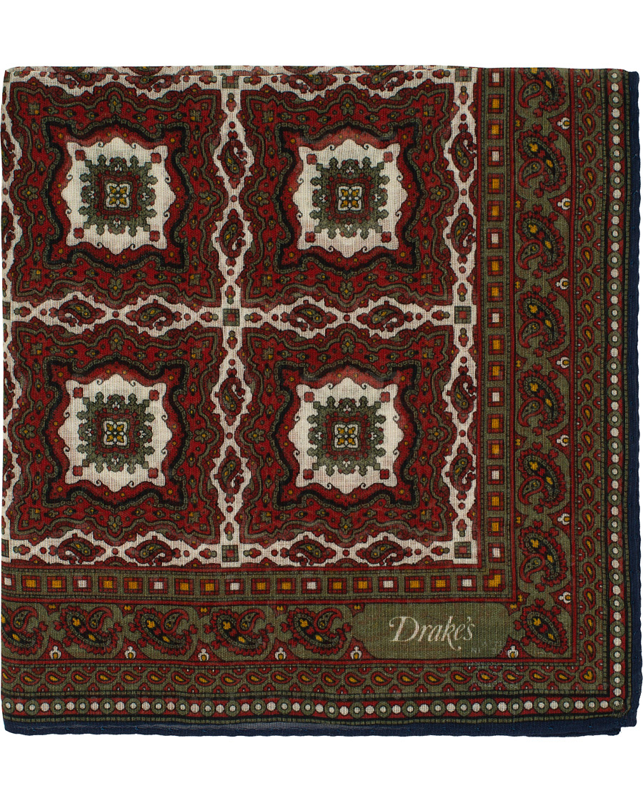 Herre | Drake's Cotton/Modal Medallions Pocket Square Red | Drake's | Cotton/Modal Medallions Pocket Square Red