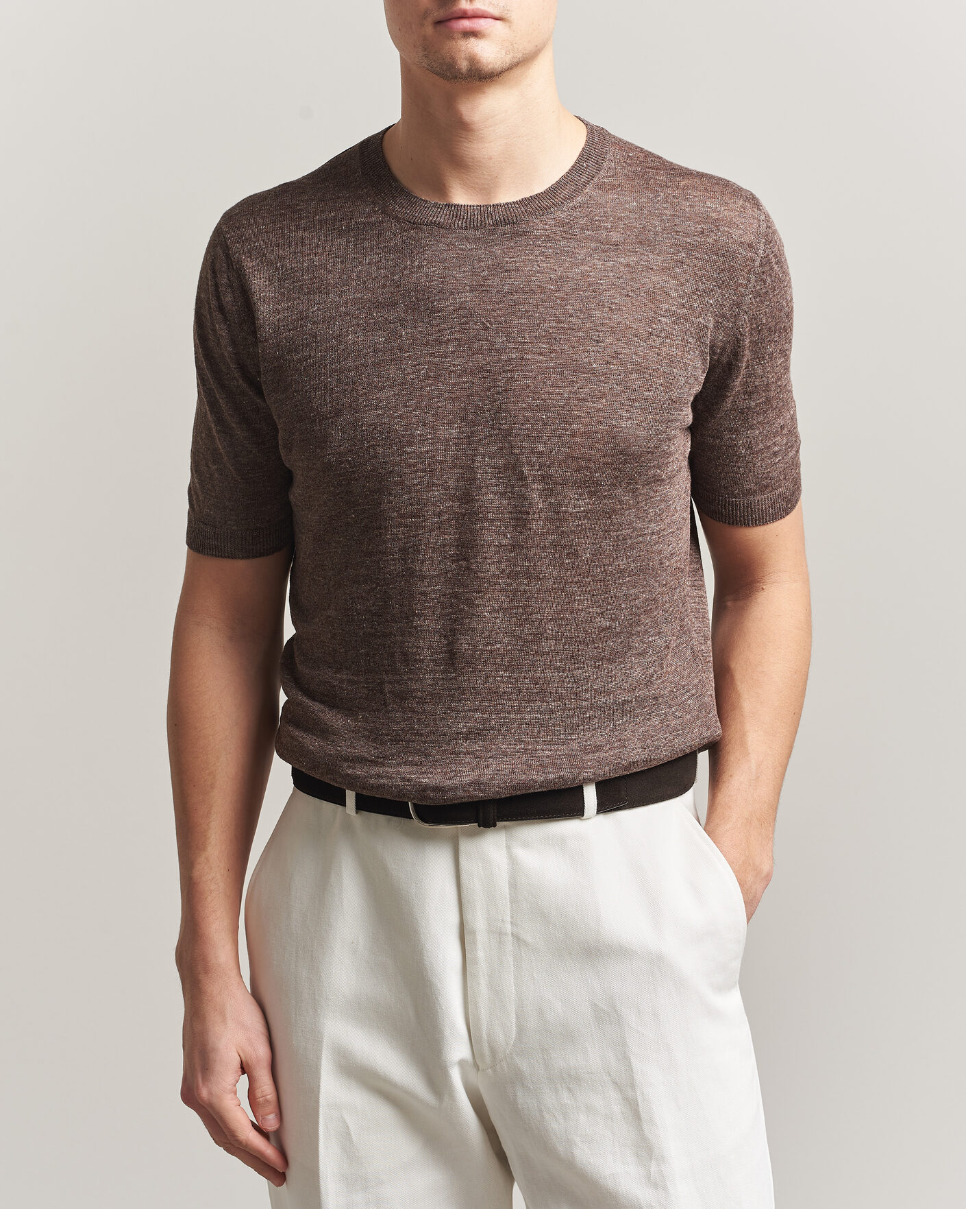 Herre | T-Shirts | Gran Sasso | Crew Neck Linen Tee Light Brown