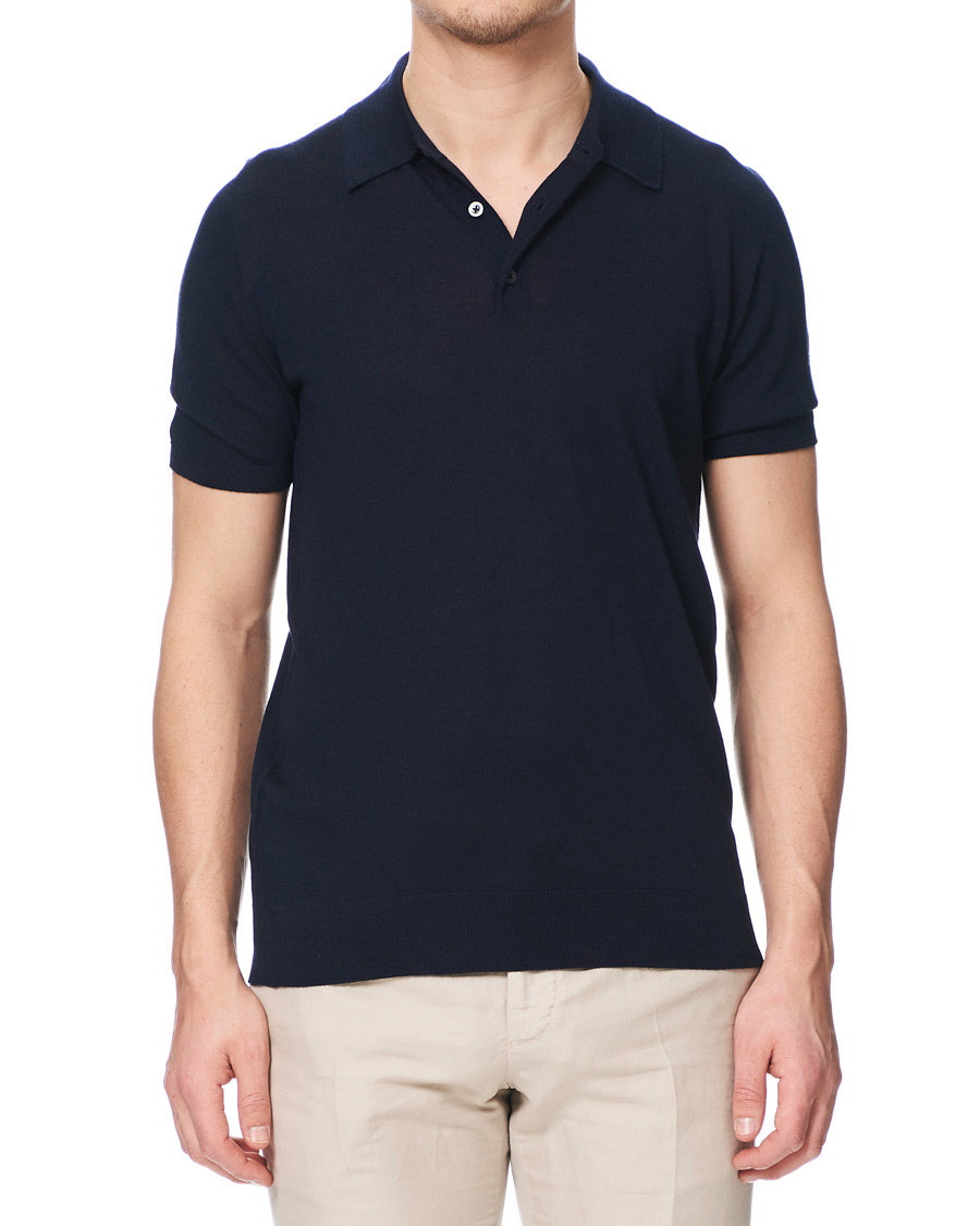 Herre | Polotrøjer | Johnstons of Elgin | Superfine Worsted Merino Short Sleeve Polo Dark Navy