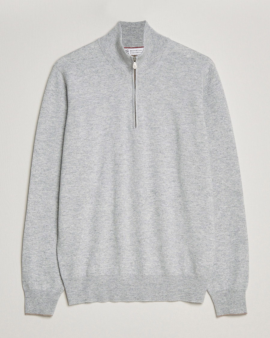 Herre | Trøjer | Brunello Cucinelli | 2 Ply Cashmere Half Zip Light Grey