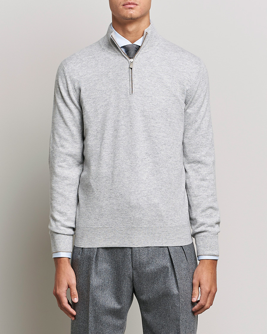 Herre | Trøjer | Brunello Cucinelli | 2 Ply Cashmere Half Zip Light Grey