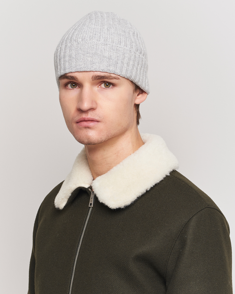 Herre | Huer | Amanda Christensen | Rib Knitted Cashmere Cap Light Grey Melange