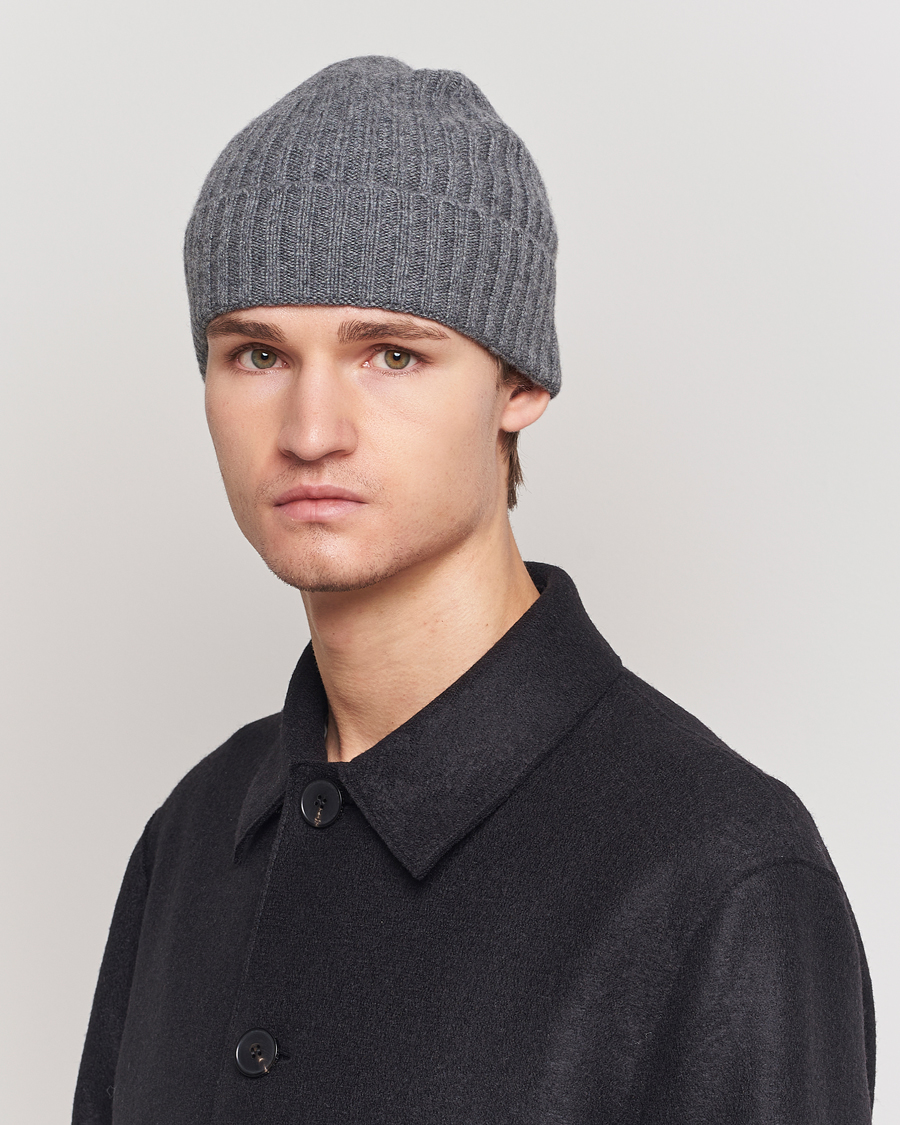 Herre | Huer | Amanda Christensen | Rib Knitted Cashmere Cap Grey Melange