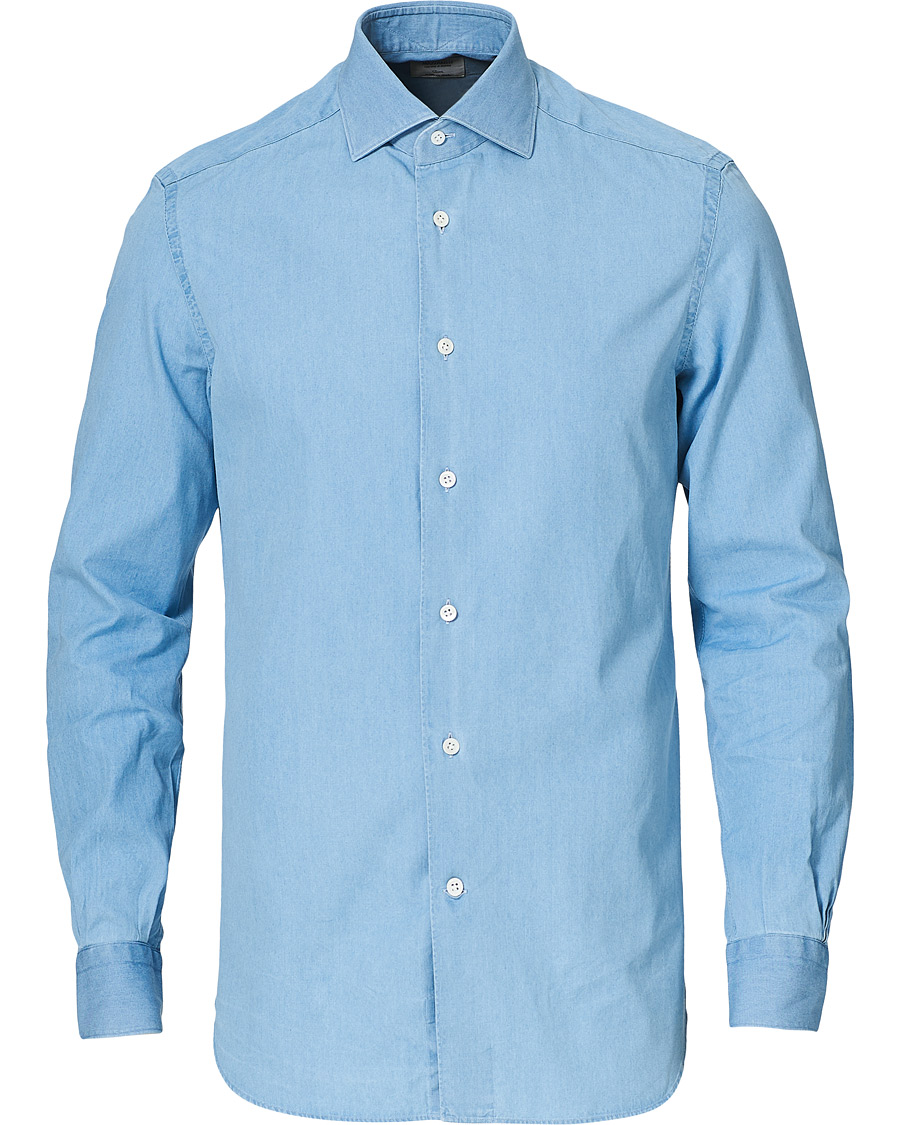 Herre | Skjorter | Mazzarelli | Soft Cut Away Denim Shirt Light Indigo