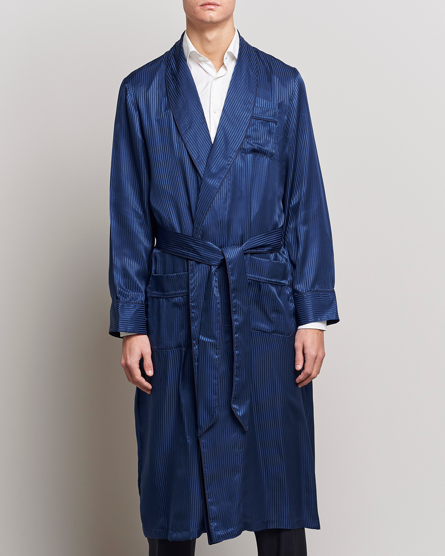 Herre | Morgenkåber | Derek Rose | Pure Silk Striped Dressing Gown Navy