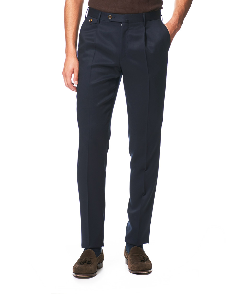 Herre | Bukser | PT01 | Gentleman Fit Pleated Wool Trousers Navy Blue
