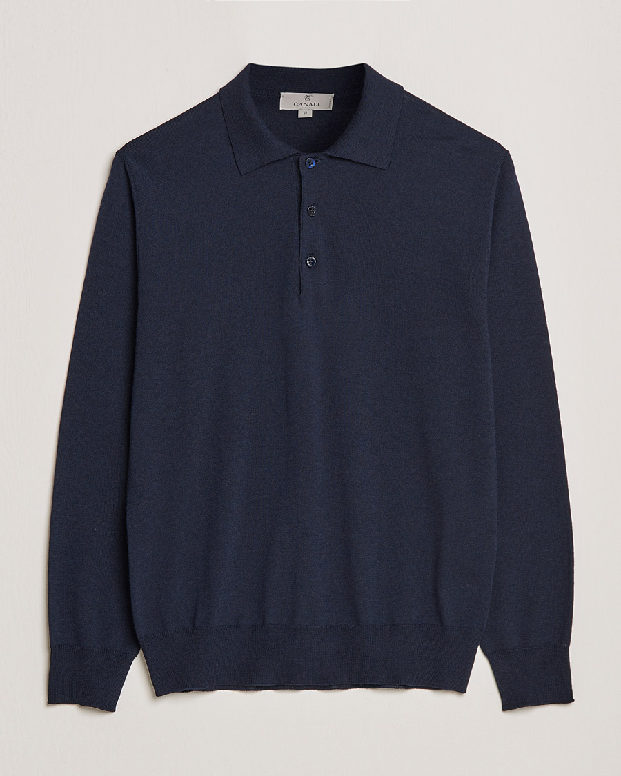 Herre | Strikkede polotrøjer | Canali | Merino Wool Knitted Polo Navy