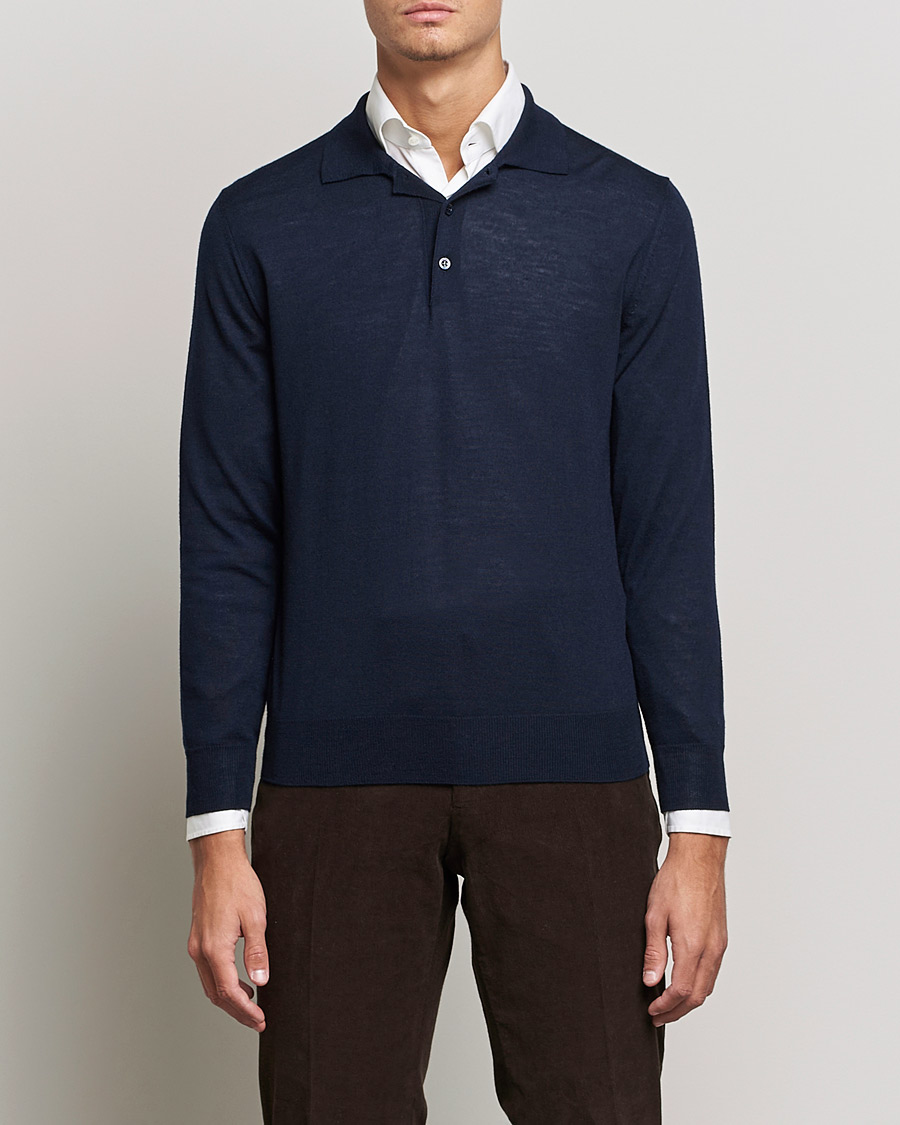 Herre |  | Canali | Merino Wool Knitted Polo Navy