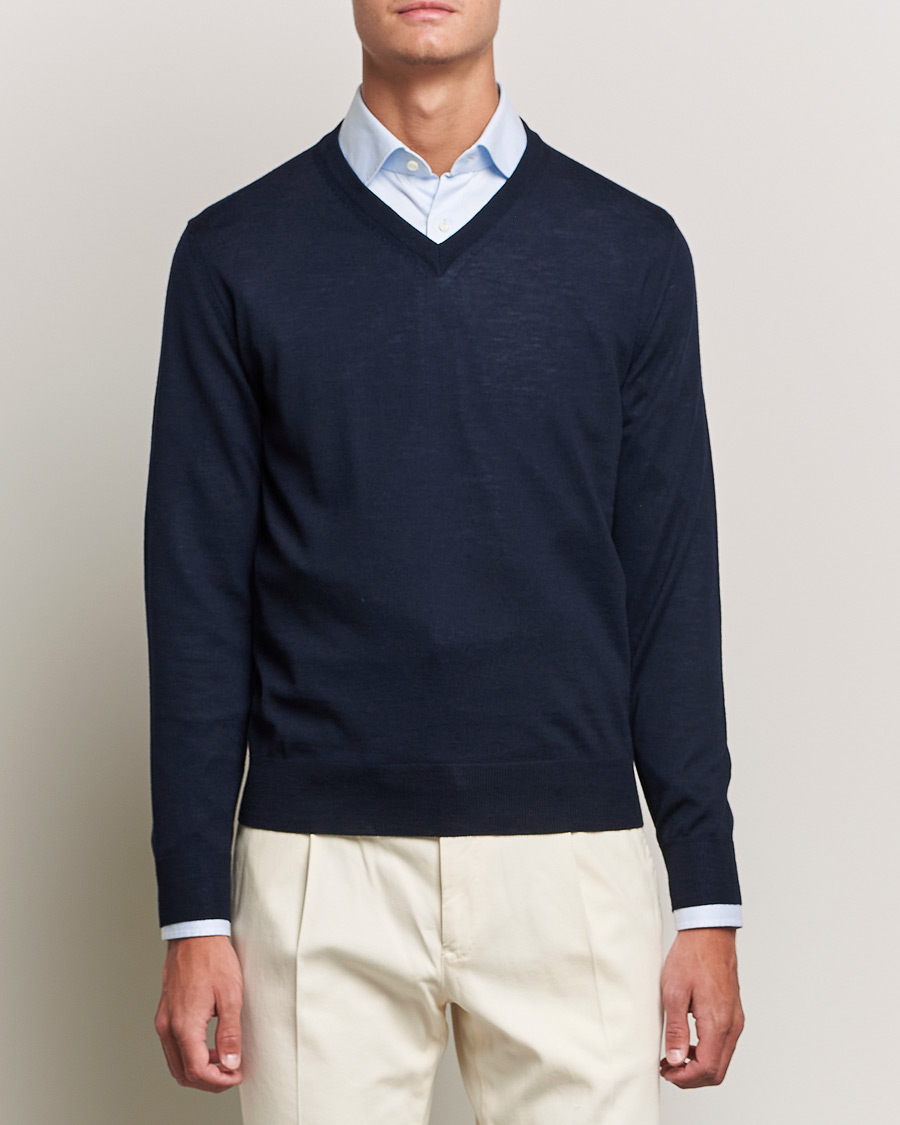 Herre | Trøjer | Canali | Merino Wool V-Neck Navy