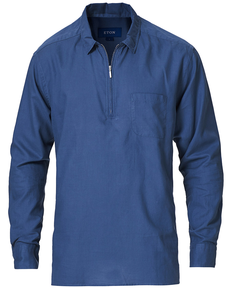 Herre | Skjorter | Eton | Slim Fit Cotton Half Zip Shirt Blue