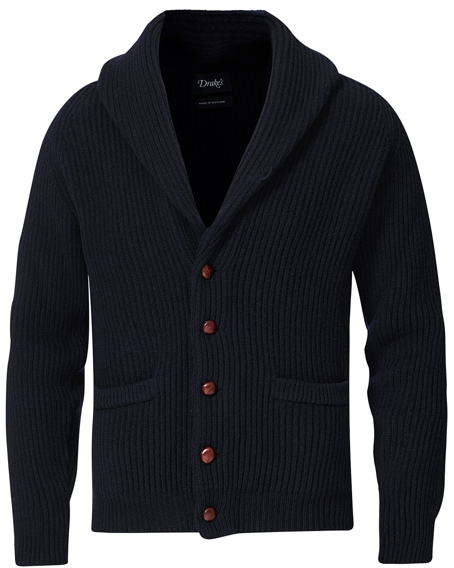 Herre | Trøjer | Drake's | Shawl Collar Rib Cardigan Navy