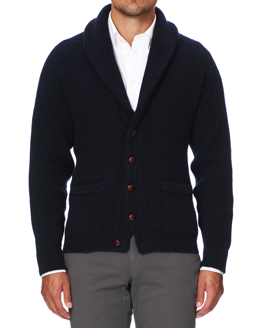 Herre | Trøjer | Drake's | Shawl Collar Rib Cardigan Navy
