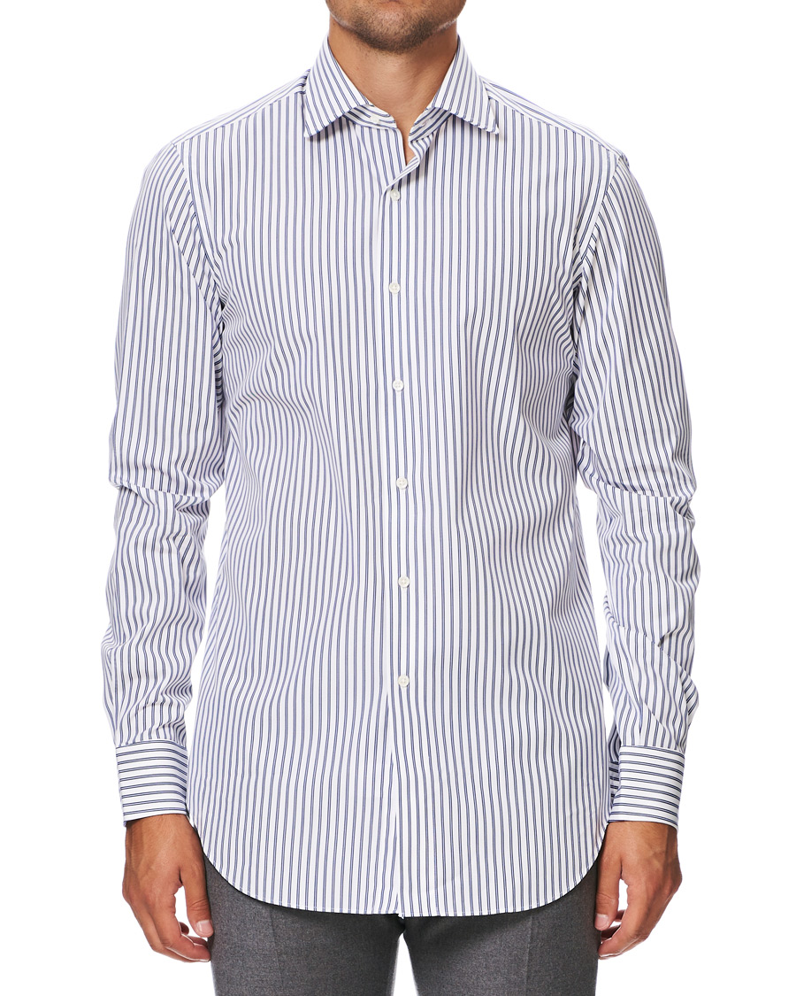 Herre | Skjorter | Kamakura Shirts | Slim Fit Broadcloth Striped Shirt White/Blue