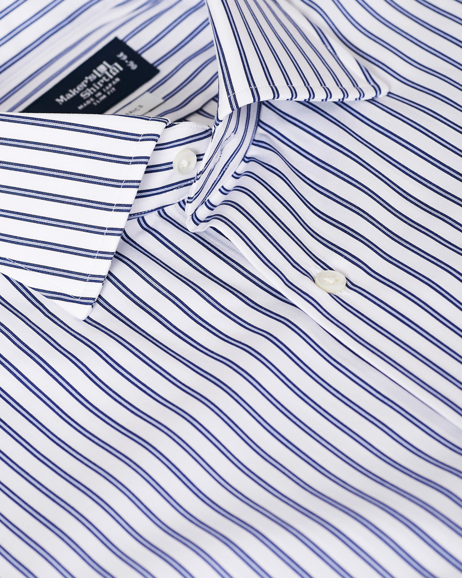 Herre | Skjorter | Kamakura Shirts | Slim Fit Broadcloth Striped Shirt White/Blue