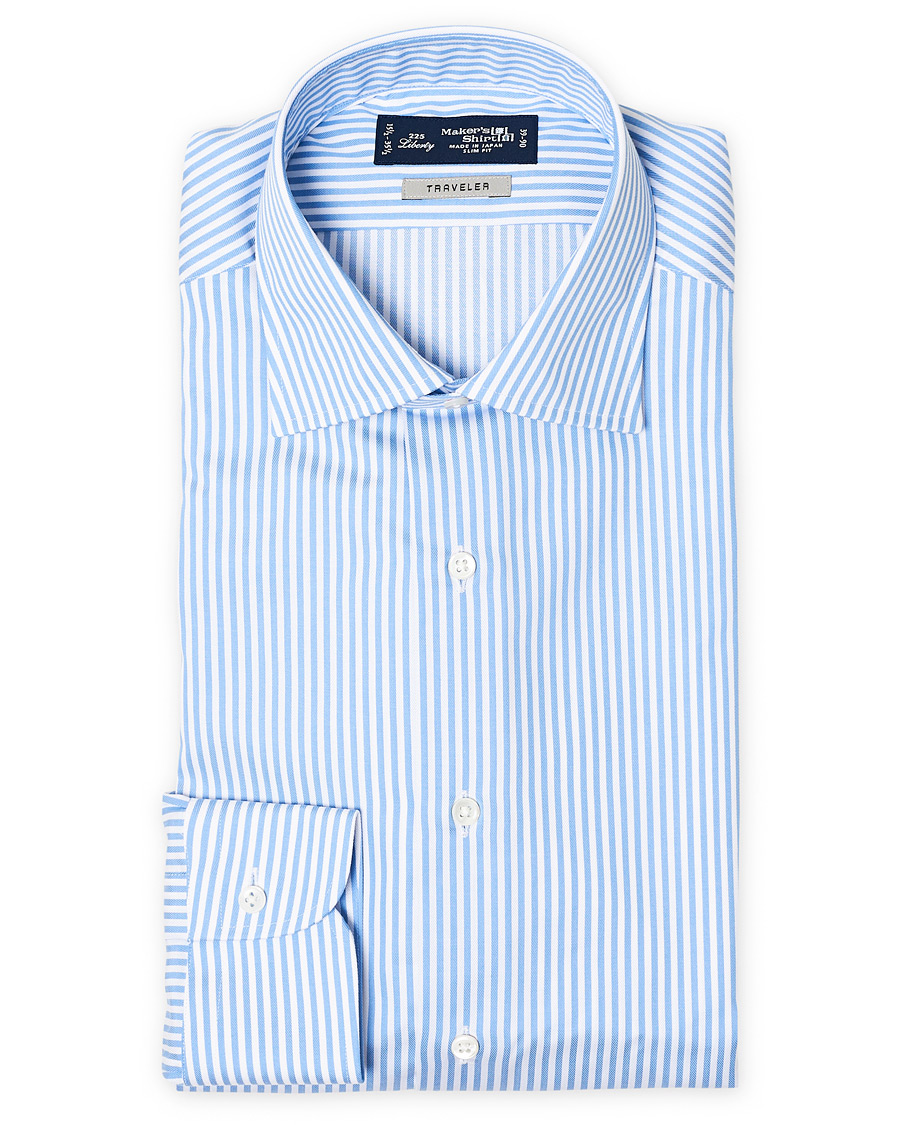 Herre | Skjorter | Kamakura Shirts | Slim Fit Striped Travel Shirt Blue/White