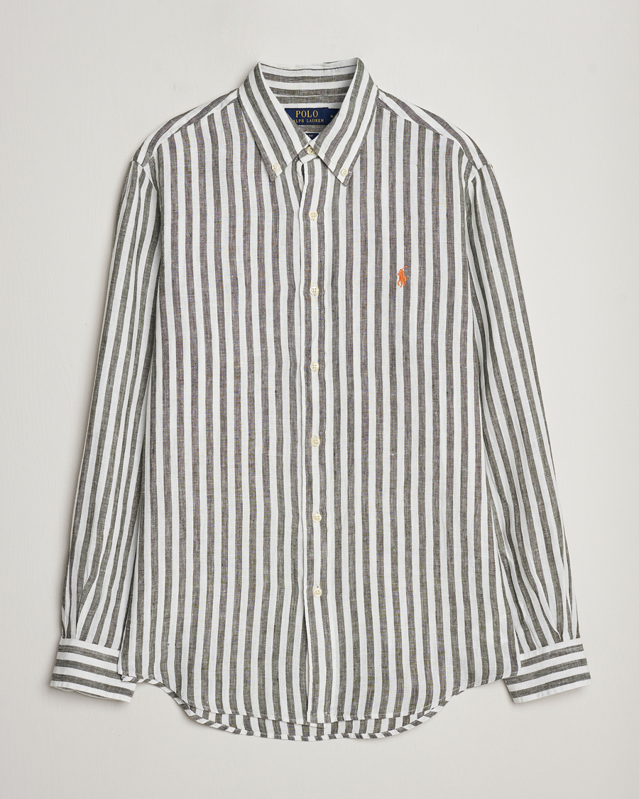 Herre |  | Polo Ralph Lauren | Custom Fit Striped Linen Shirt Olive/White