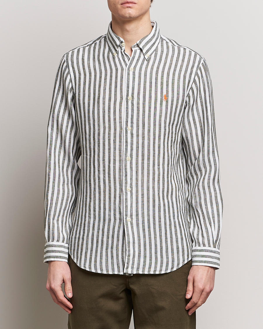 Herre | Hørskjorter | Polo Ralph Lauren | Custom Fit Striped Linen Shirt Olive/White